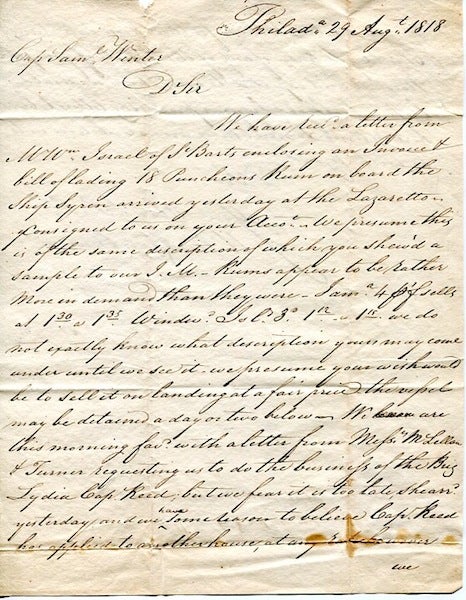 Item #14125 Autographed Letter, Signed (Als) to Captain Samuel Winter of Bath Maine, 1818. Miller, Van Beuren To Captain Samuel Winter.