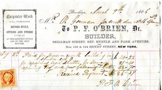Item #15703 P. F. O'Brien, Carpenter Builder 19th century Bill Head with Revenue Stamps....