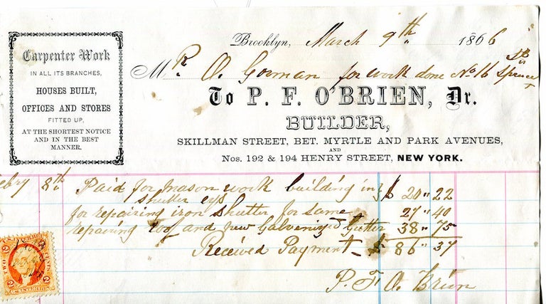 Item #15703 P. F. O'Brien, Carpenter Builder 19th century Bill Head with Revenue Stamps. Carpenter Builder P. F. O'Brien.