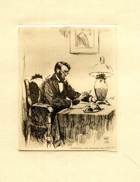 Item #17299 Untitled Etching of Abraham Lincoln Seated At A Table Reading Correspondence. Wall Bernhardt.