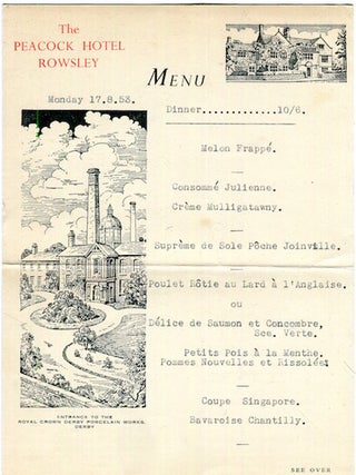 Item #17356 (Culinary) Rowsley. The Peacock Hotel, The Menu, 1953