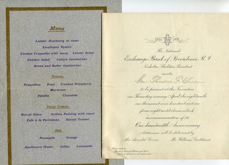 Item #17363 (Menu) National Exchange Bank Of Providence, One Hundredth Anniversary Dinner, Trocadero, April 18, 1901; Menu