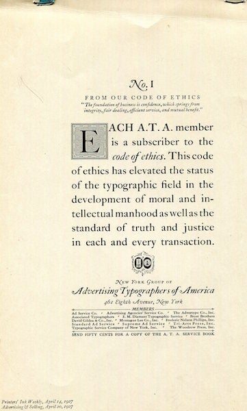 Item #17380 Advertising Typographers of America Code Of Ethics. Advertising Typographers of America.