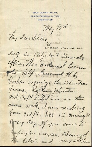Item #18241 Herbert Howard Sargent. American Military Officer, Author. Autographed Letter signed, (Als). War Department, May 19, 1898. H. H. Sargent.