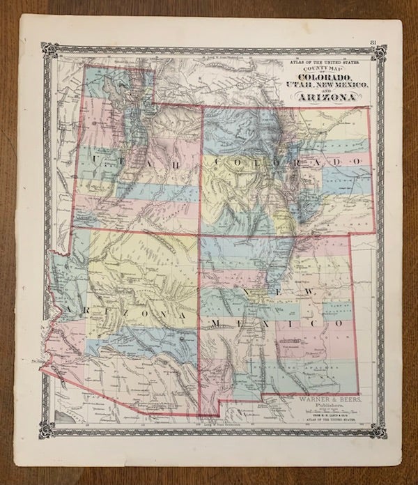 Item #19468 County Map of Colorado, Utah, New Mexico and Arizona. Warner, Beers.